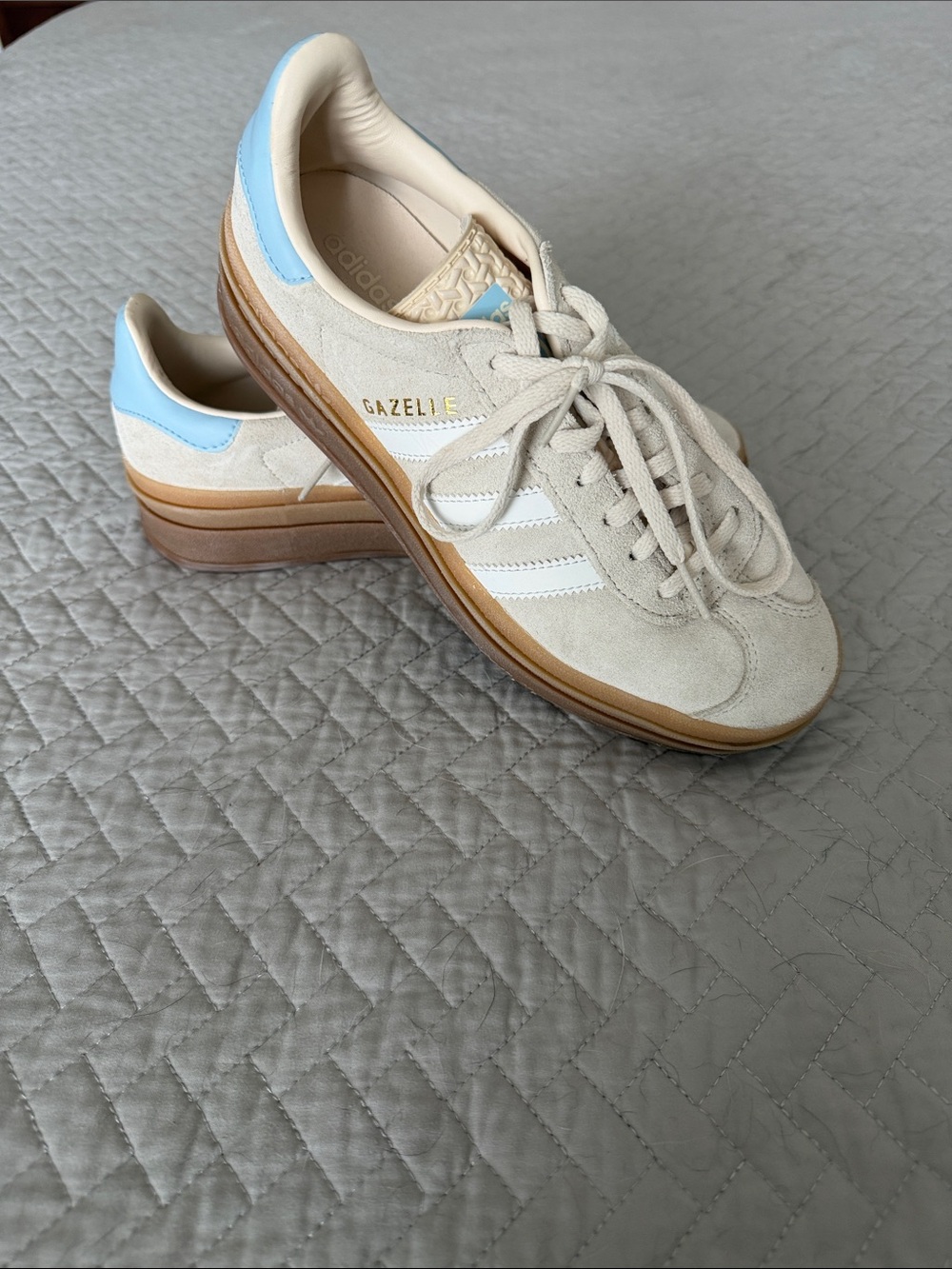 Suede Adidas Gazelle with Baby Blue Trim size 7.5